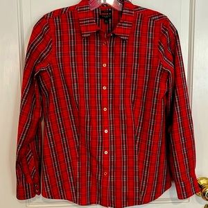 4P Red and green plaid with gold thread and gold button blouse